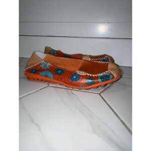 Socofy Orange Floral Leather Loafers Remote Control Sole Flats EU 41